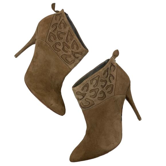 Rebecca Taylor suede ankle booties tan leather high heel, laser cut leopard cuff - Picture 3 of 10